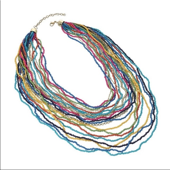 Multi Color Glass Seed & Multi Goldtone Chains Strand Boho Necklace 28" - Picture 10 of 12